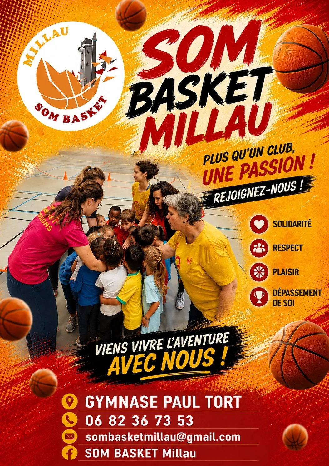Affiche du SOM Basket Millau : « plus qu’un club, une passion », rejoignez-nous au gymnase Paul Tort.